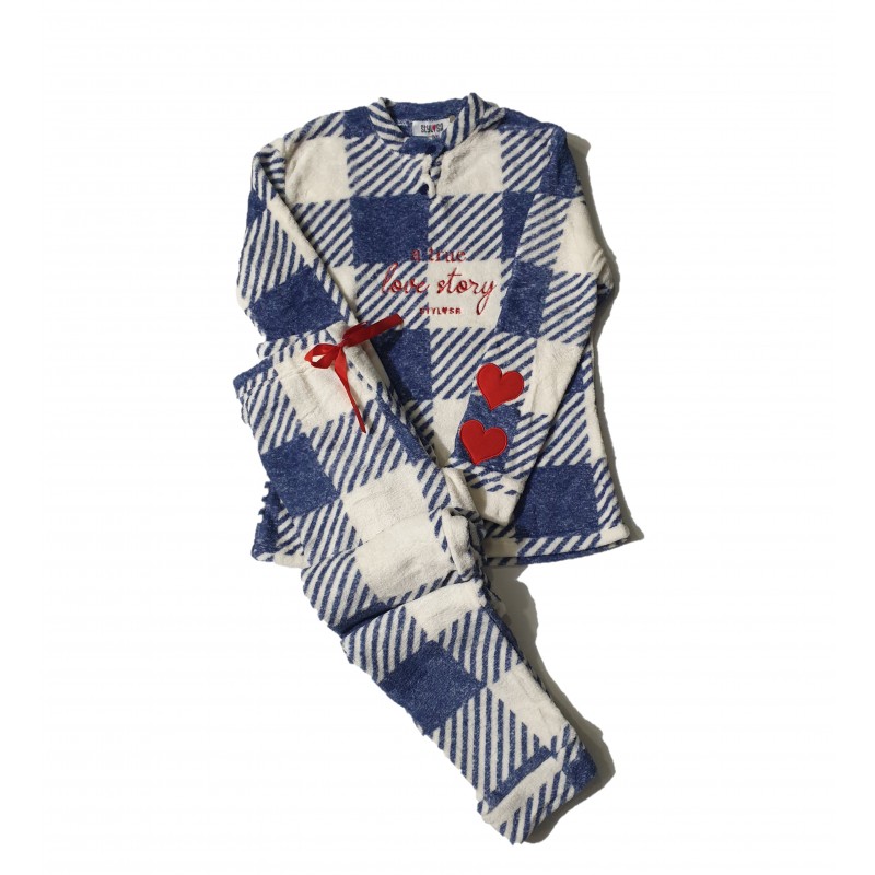 Stylosa Women's Plaid Fleece Pyjama Set with Heart Print On Sleeves