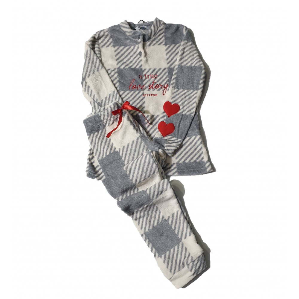 Stylosa Γυναικεία Πυτζάμα Fleece Καρό Με Σχέδιο Καρδιές Στο Μανίκι