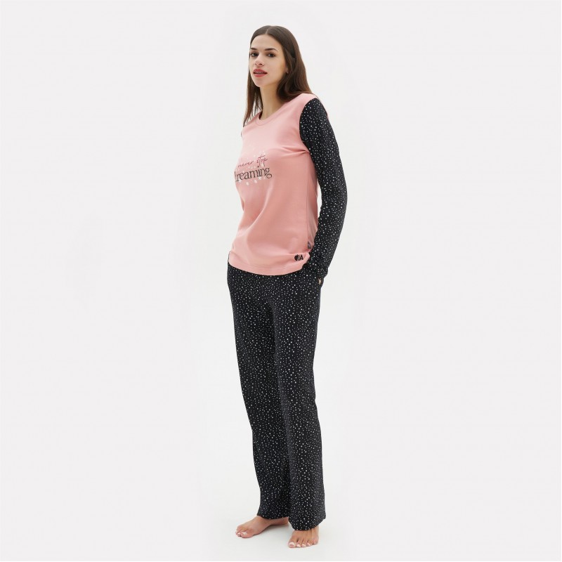 Apple Γυναικεία Πυτζάμα Βαμβακερή Με Πουά Παντελόνι Σχέδιο Dreaming