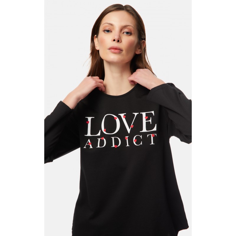Minerva Γυναικεία Πυτζάμα Βαμβακερή Μονόχρωμη Μαύρο Χρώμα Love Addict