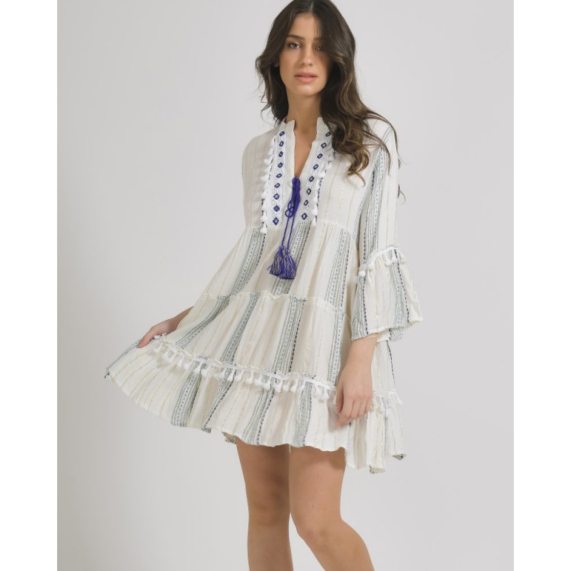 Ble Γυναικείο Φόρεμα - Καφτάνι Λευκό Χρώμα Με Μπλε Σχέδια Λεπτομέρειες Lurex
