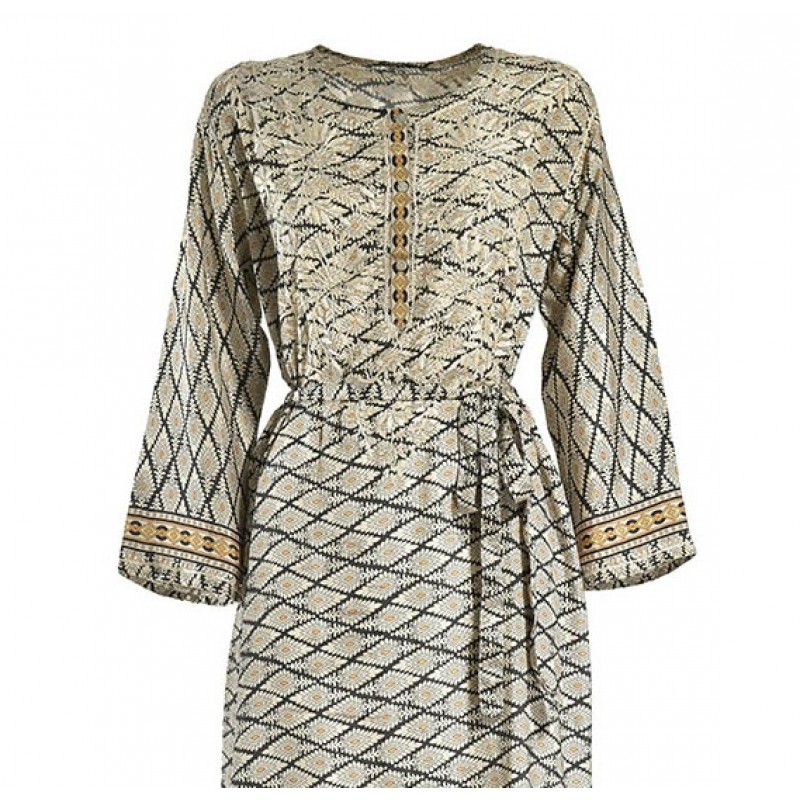 Ble Γυναικείο Φόρεμα - Καφτάνι Απο Μετάξι Μακρύ Με Κέντημα & Ζώνη Σχέδιο Ρόμβοι