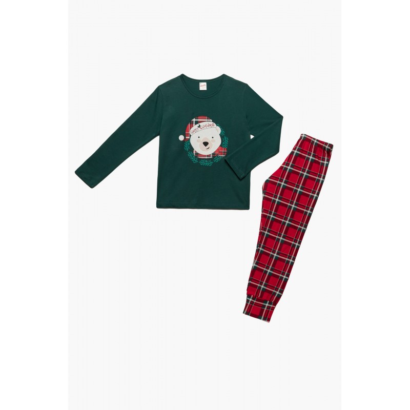 Minerva Girls X-Mas Bear Green Pine Cotton Pajamas