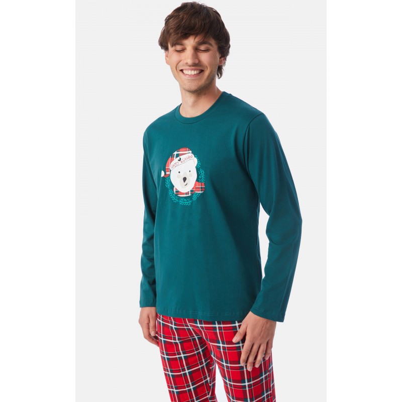 Minerva Men s Cotton Pajamas X-Mas Bear Green Pine