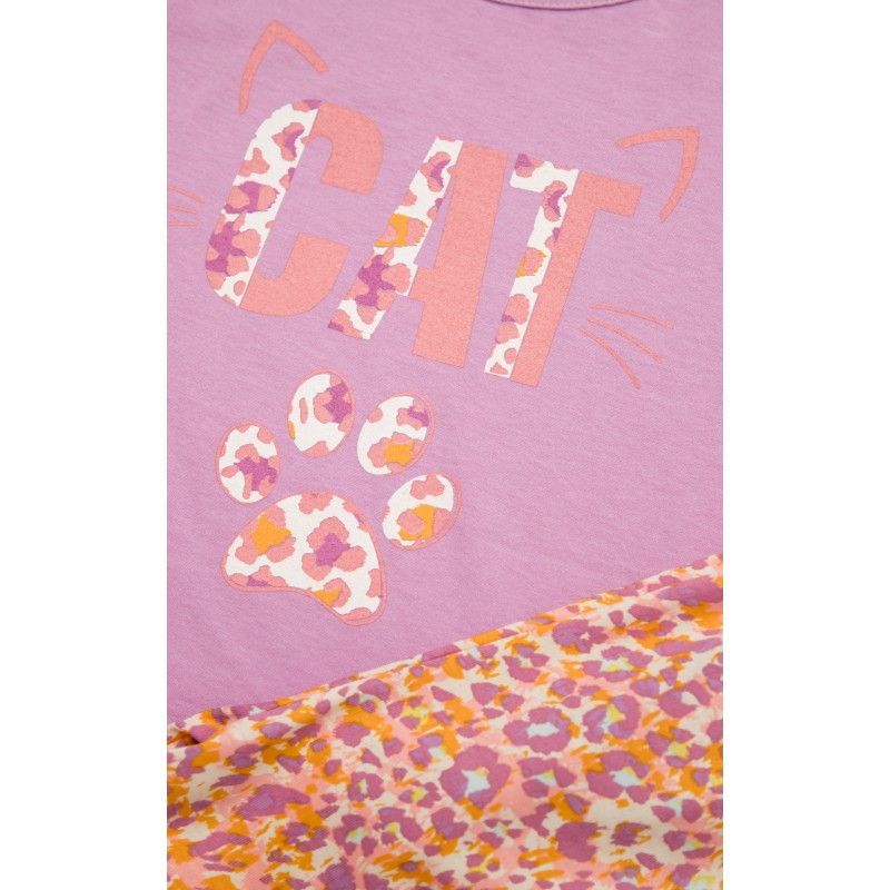 Minerva Παιδική Πυτζάμα Για Κορίτσι Βαμβακερή Ζαπονέ Μανίκι Σχέδιο Cat Λιλα Χρώμα