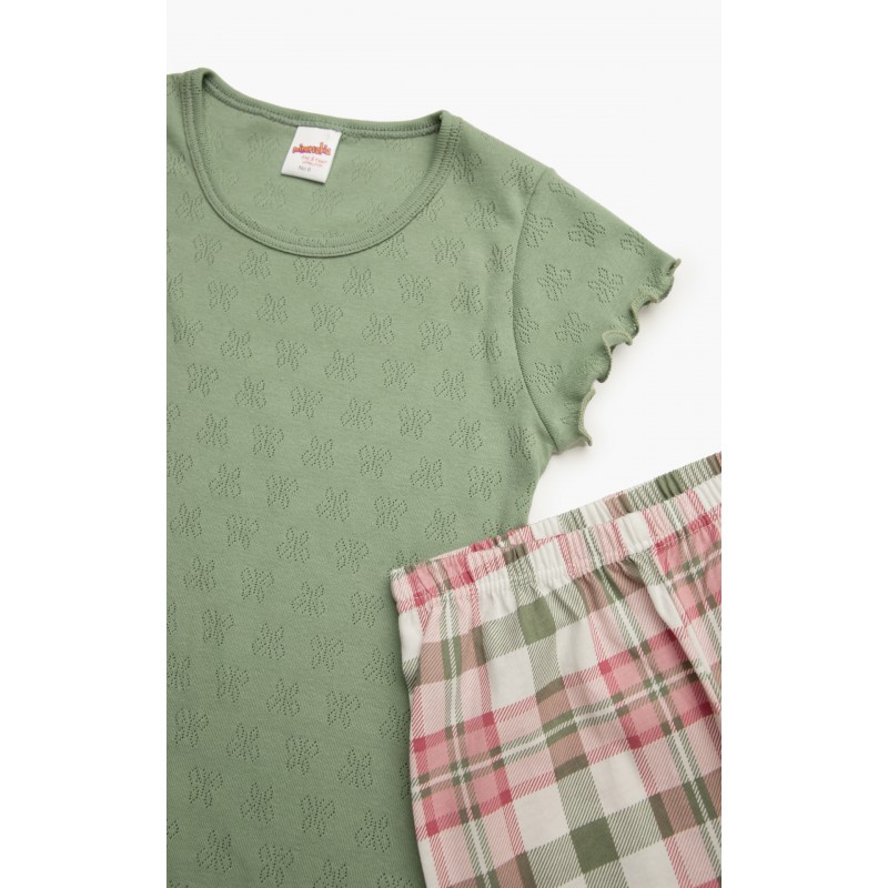Minerva Παιδική Πυτζάμα Για Κορίτσι Με Ζαπονέ Μανίκι & Κάπρι Καρό Παντελόνι Pointelle Green