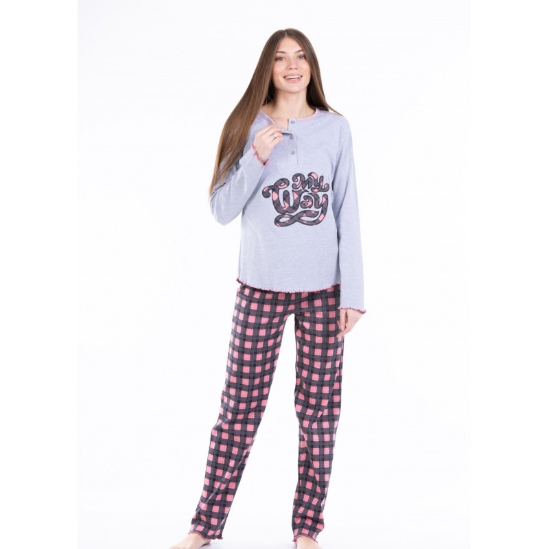 Mei My Way Women's Cotton Pyjama Set With Plaid Pants 