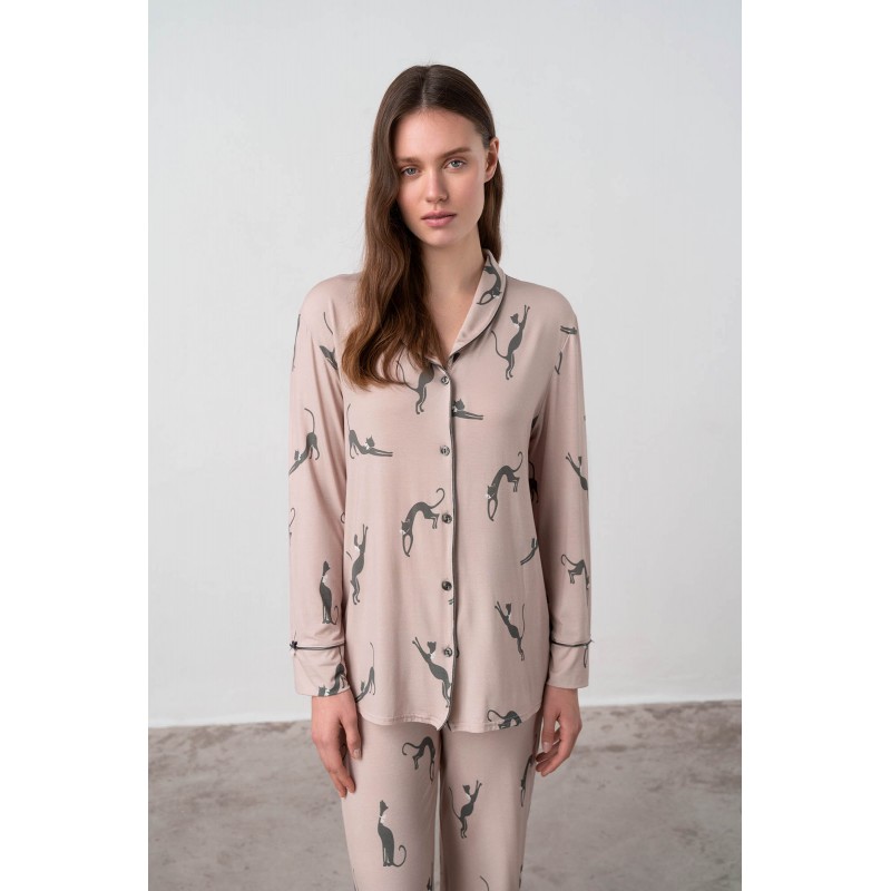 Vamp Women's Printed Micromodal Buttoned Pyjama Set Androgynous Look