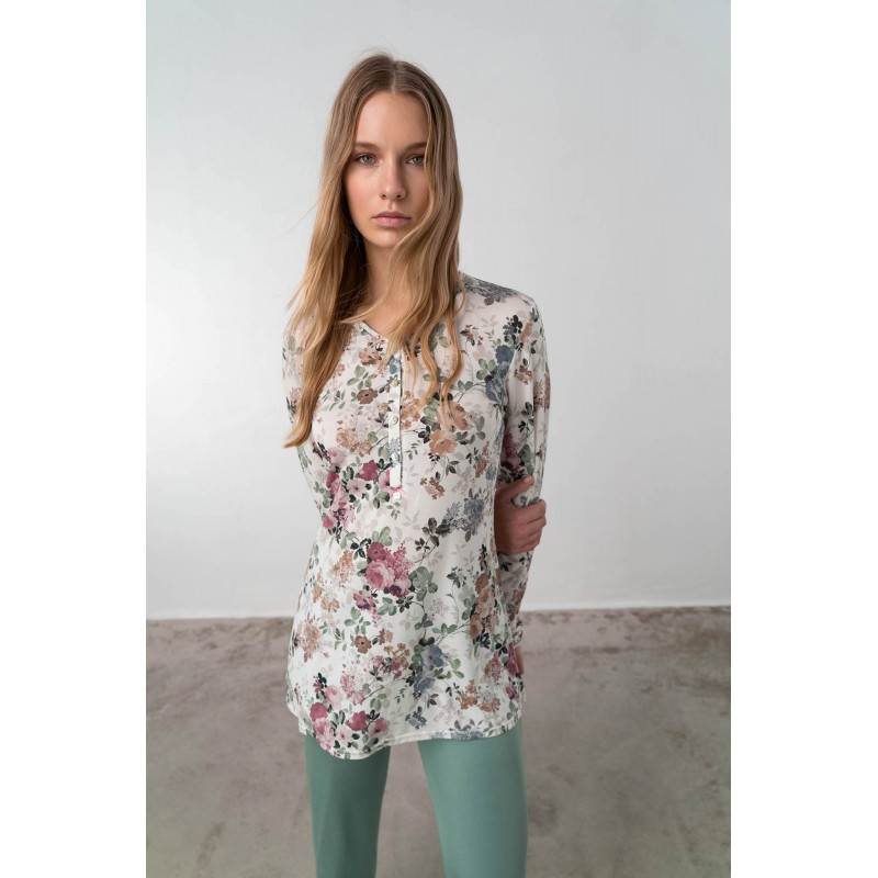 Vamp Women's Floral Micromodal Placket Pyjama Set With Solid Color Pants