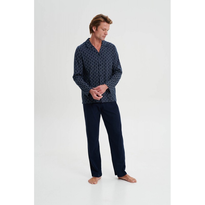 Vamp Men s Buttoned Printed Long Sleeved Pajamas Blue Color