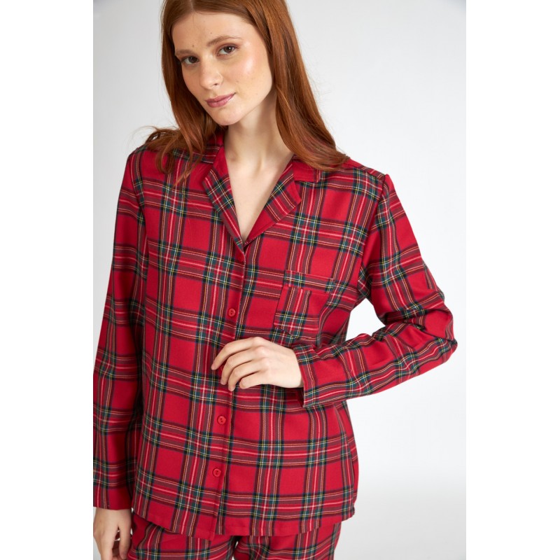 Harmony Women s Buttoned Pajamas Red Color Plaid Pattern