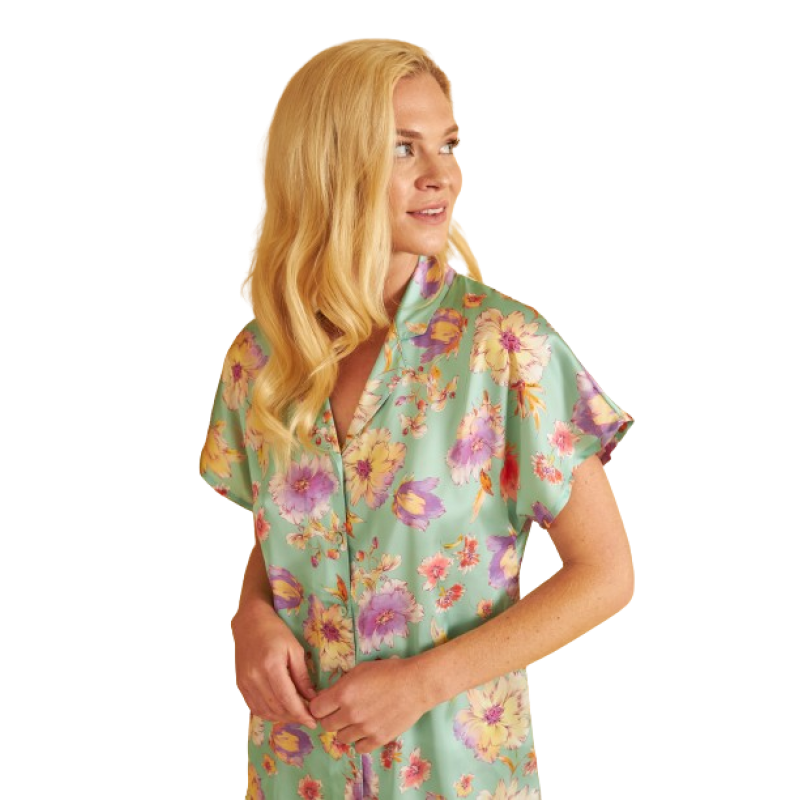 Harmony Women s Satin Buttoned Floral Pajamas Short Sleeved & Capri Pants