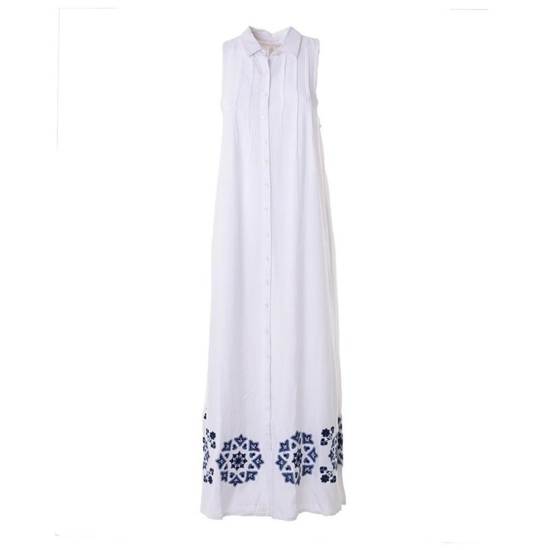 Ble Γυναικείο Φόρεμα Μακρύ Αμάνικο Κουμπωτό Λευκό Με Μπλε Σχέδια Στο Τελείωμα