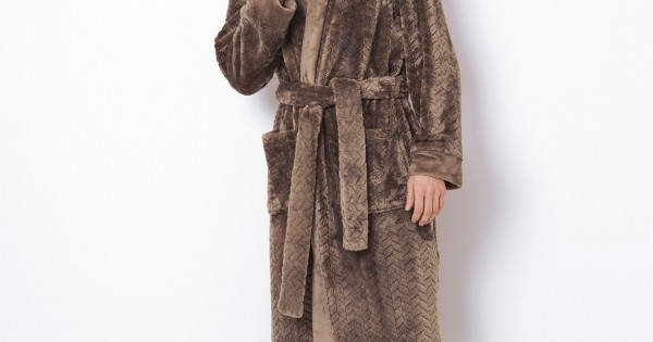 mens brown dressing gown Men's Robe Kelburn Brushed Cotton Light Stone Herringbone main image 1