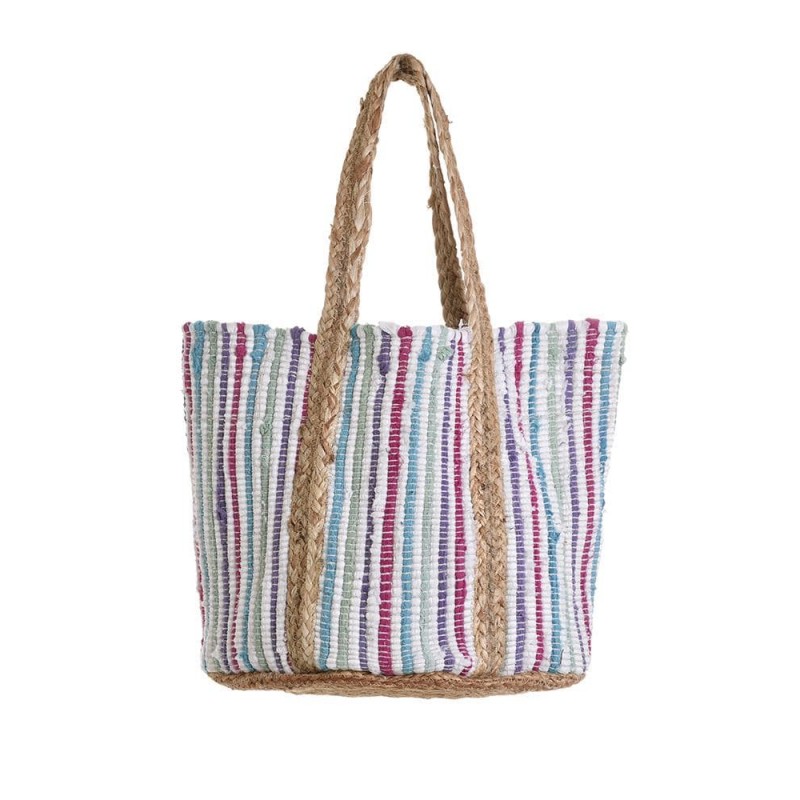 Ble Women's Straw Woven Bag In White With Colored Vertical Stripes 38*25*34/60