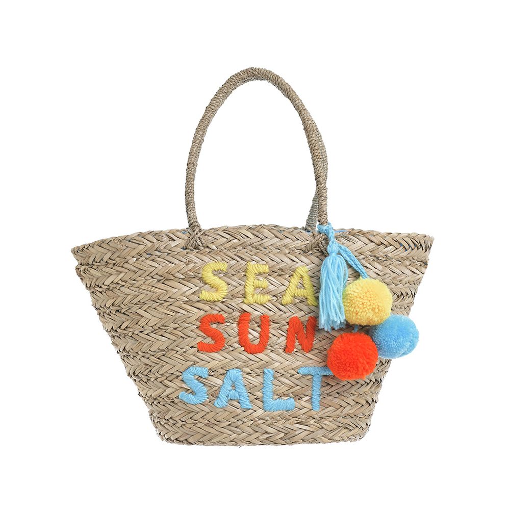 Ble Γυναικεία Τσάντα Ψάθινη Με Τυρκουάζ Λεπτομέρειες & Φουντάκια Sea Sun Salt 53Χ30