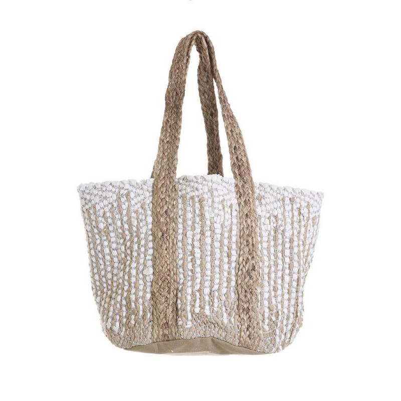 Ble Women's White - Beige Cotton Bag With Straw Woven Handles 40*23*34/55