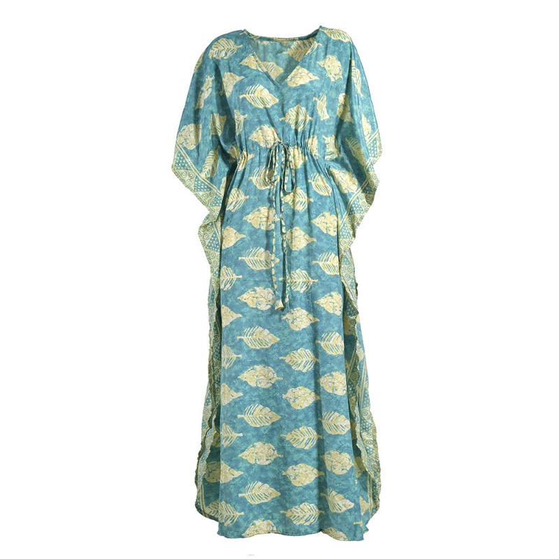 Ble Γυναικείο Φόρεμα - Καφτάνι Μακρύ Μήκος Τυρκουάζ Με Φύλλα & Χρυσές Λεπτομέρειες