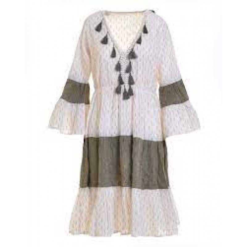Ble Γυναικείο Φόρεμα - Καφτάνι Σε Εκρού - Χακί Χρώμα Με Χρύσα Σχέδια