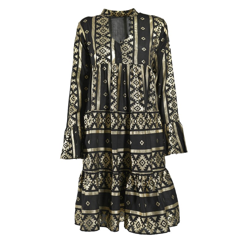Ble Γυναικείο Καφτάνι - Φόρεμα Midi Βαμβακερό Με Μακρύ Μανίκι & Χρυσά Σχέδια