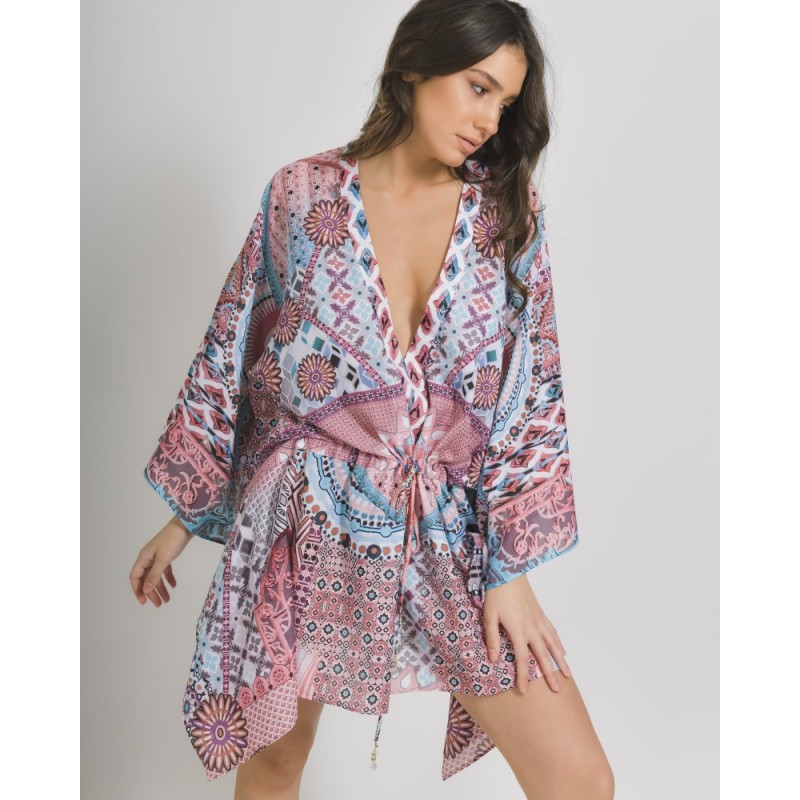 Ble Women s Short Kaftan Pink - White Color With Patterns