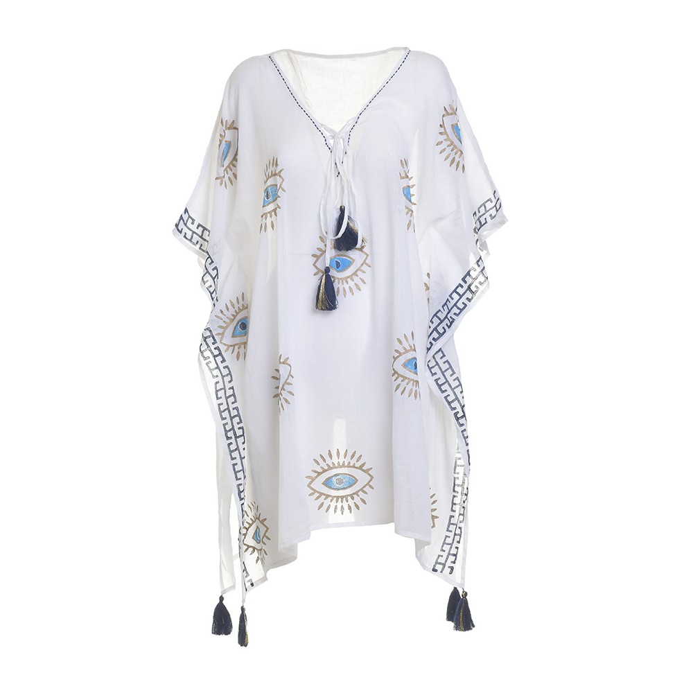 Ble Women s Cotton Kaftan White Color With Pattern Gold Eyes