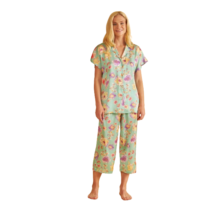 Harmony Women s Satin Buttoned Floral Pajamas Short Sleeved & Capri Pants