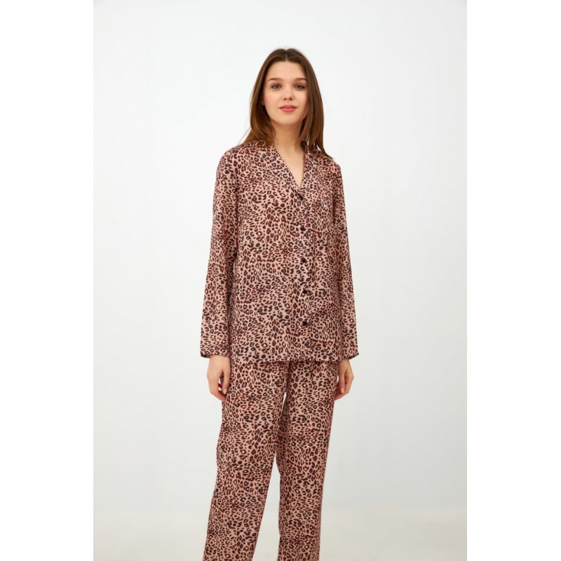 Harmony Women's Leopard Print Satin Buttoned Pyjama Set