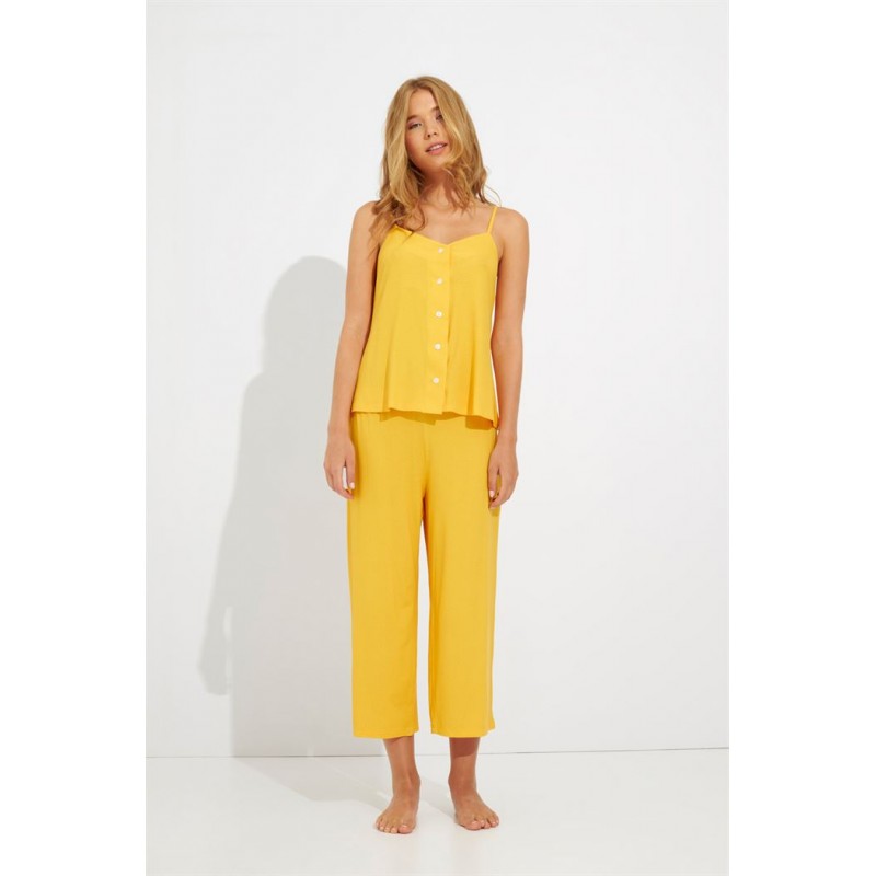 Harmony Women s Pajamas With Straps Capri Pants Yellow Polka Dot