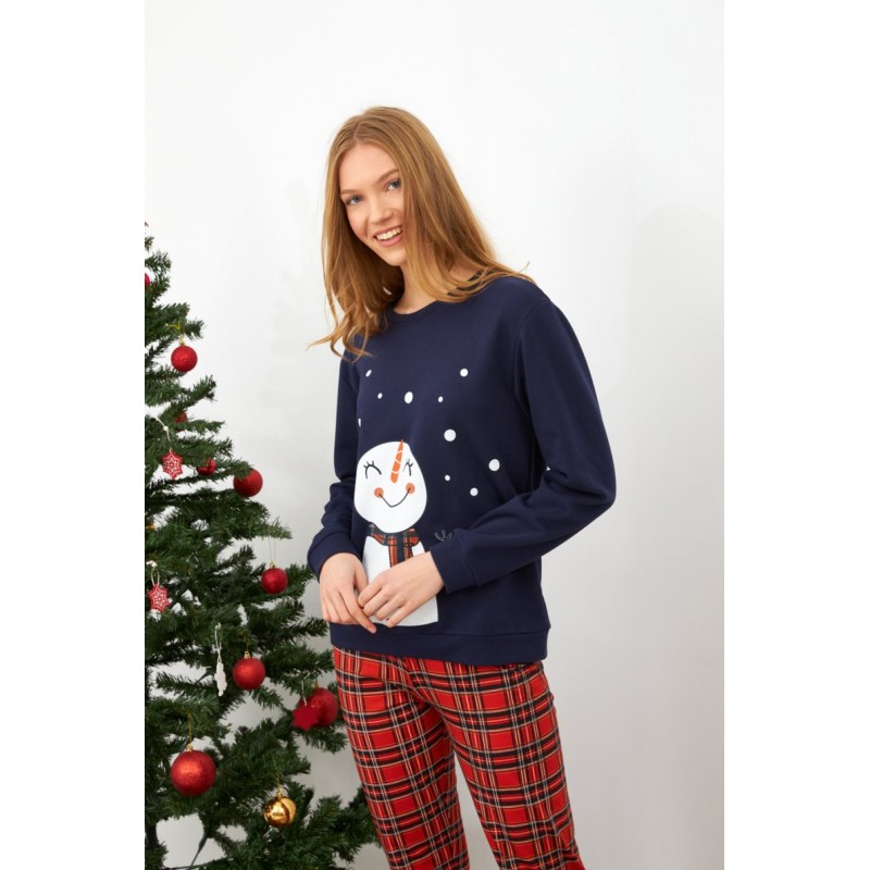 Harmony Women's Snowman Cotton Pyjama Set With Plaid Pants