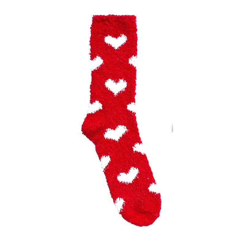 Meritex Γυναικεία Κάλτσα Χνουδωτή Κόκκινη Με Σχέδιο Άσπρες Καρδιές