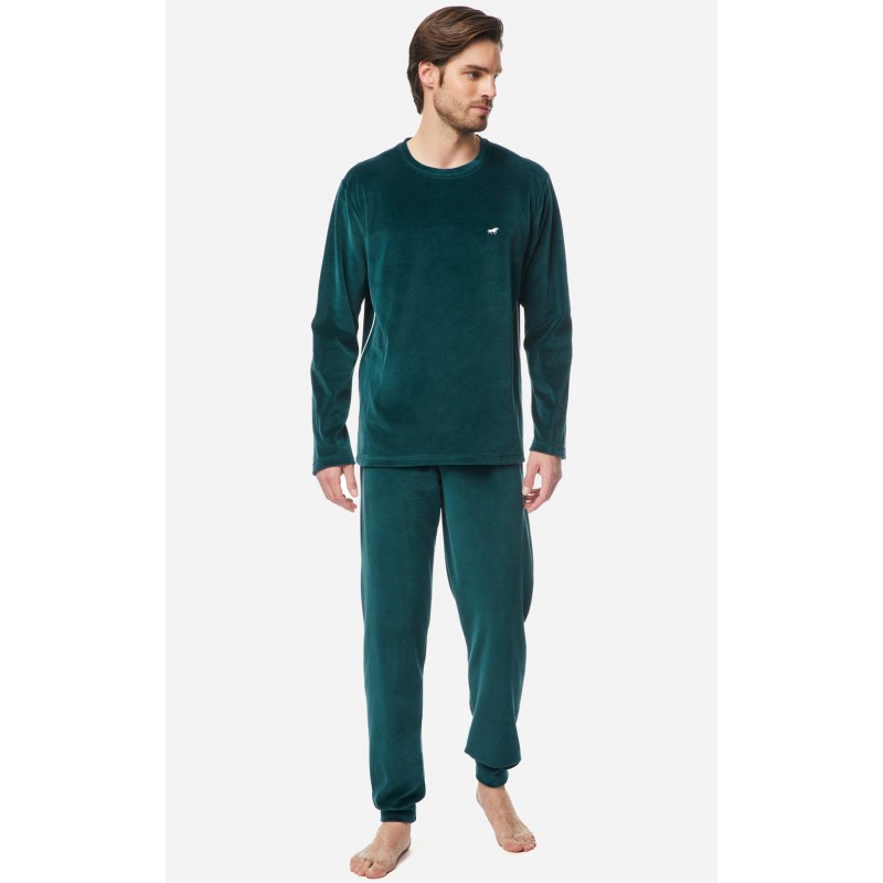 Minerva Men's Bull Velvet Solid Color Pyjama Set with Discreet Hem