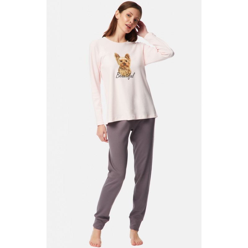 Minerva Women's Dark Romance Solid Color Interlock Pyjama Set With Puppy Print 