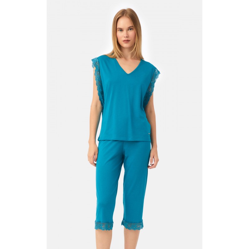 Minerva Women s Cotton - Modal Summer Pajamas Capri Pants & Lace Details Tencel Green