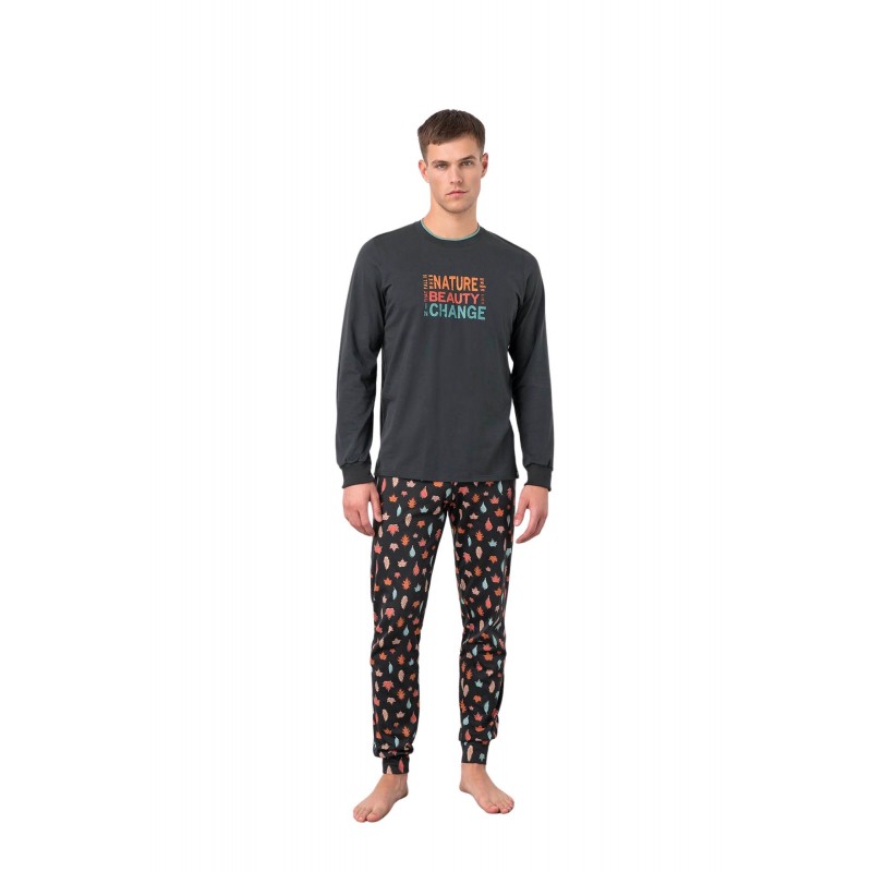 Vamp Men's Solid Color Crewneck Pyjama Set With Printed Pants
